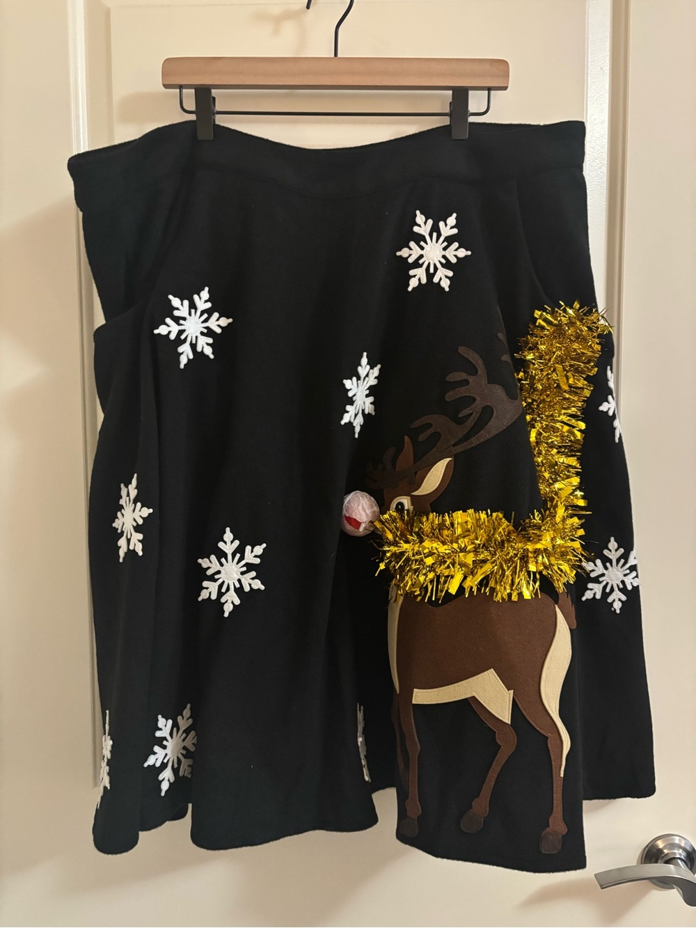Black Holiday Skirt with Reindeer & Snowflake Details- Poodle Skirt Style